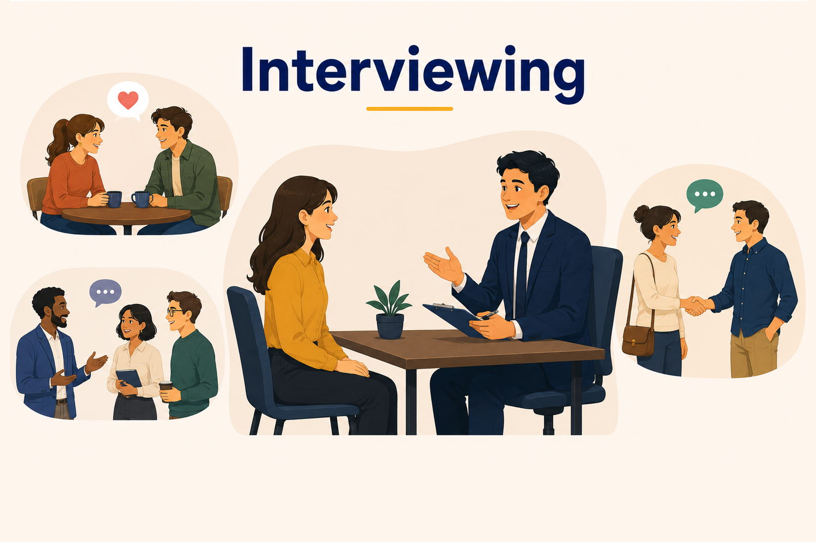 Illustration showing people having conversations and a professional interview