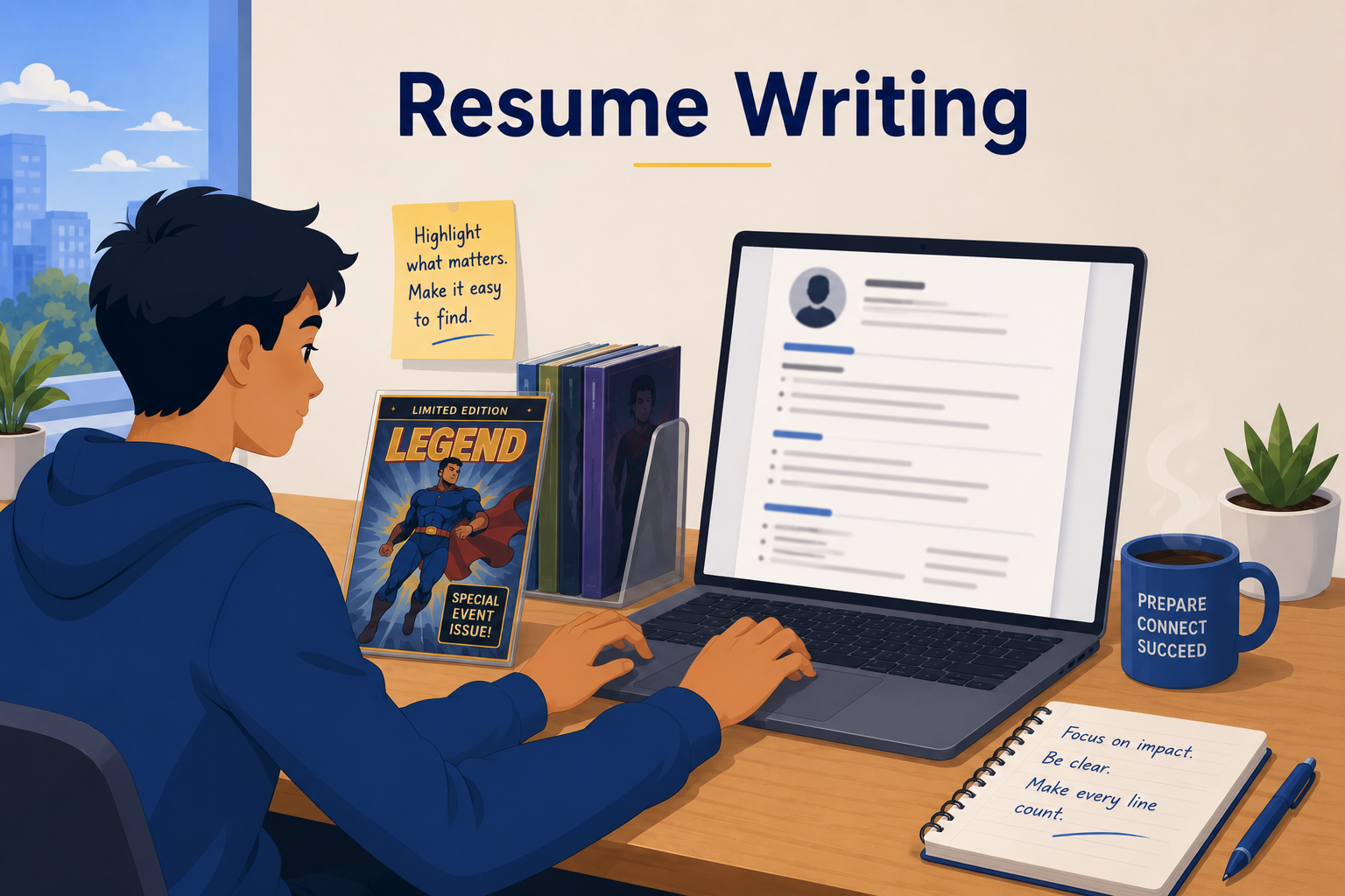 Illustration of a professional creating a resume at a laptop
